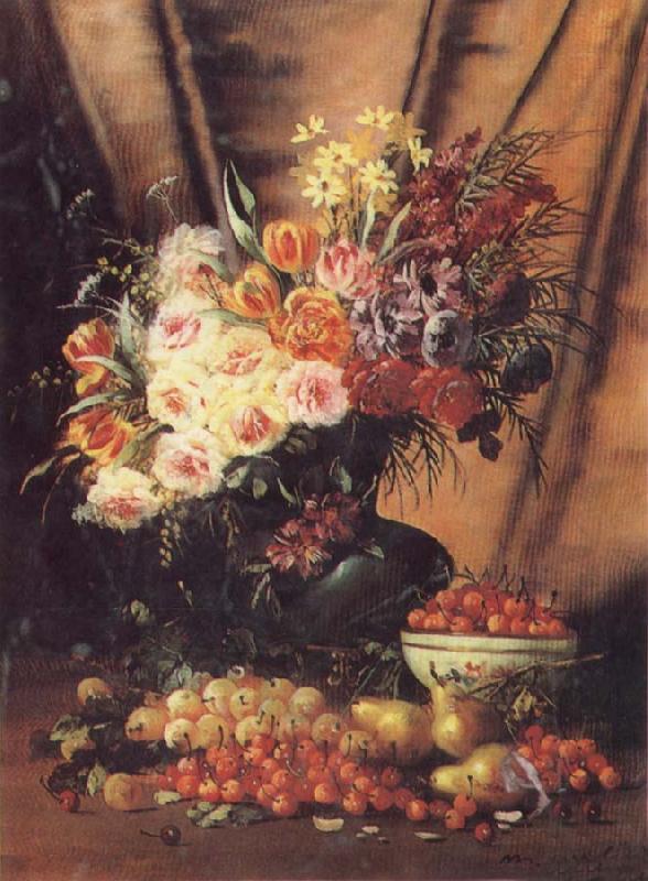 Modeste Carlier A Still life with Assorted Flowers,Cherries Pears and Quince oil painting image
